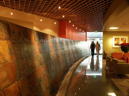 Soothing waterfall in Lucy Curci Cancer Center lobby
