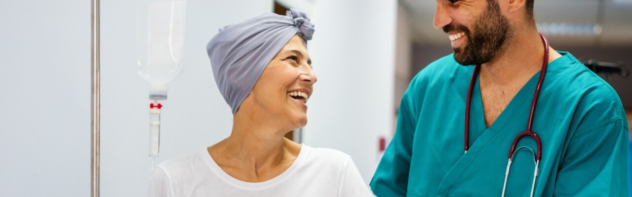 Nurse with cancer patient in the Oncology Radiation department